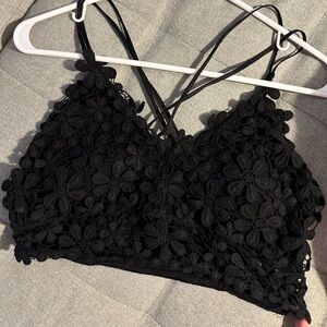 Davi & Dani | Boho Bralette Floral Crochet Lace Eyelet Black Wireless